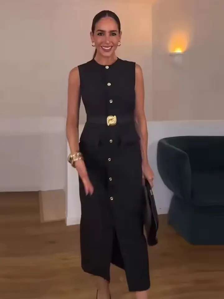 Elegant Single Breasted Black With Belt Summer O-Neck Sleeveless Split Women 2025 New Female Party Dress Office Lady