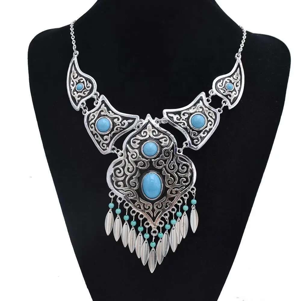 Bohemian Vintage Blue Acrylic Stone Beads Tassel Choker Necklace Earrings For Women India Gypsy Boho African Ethnic Jewelry Set