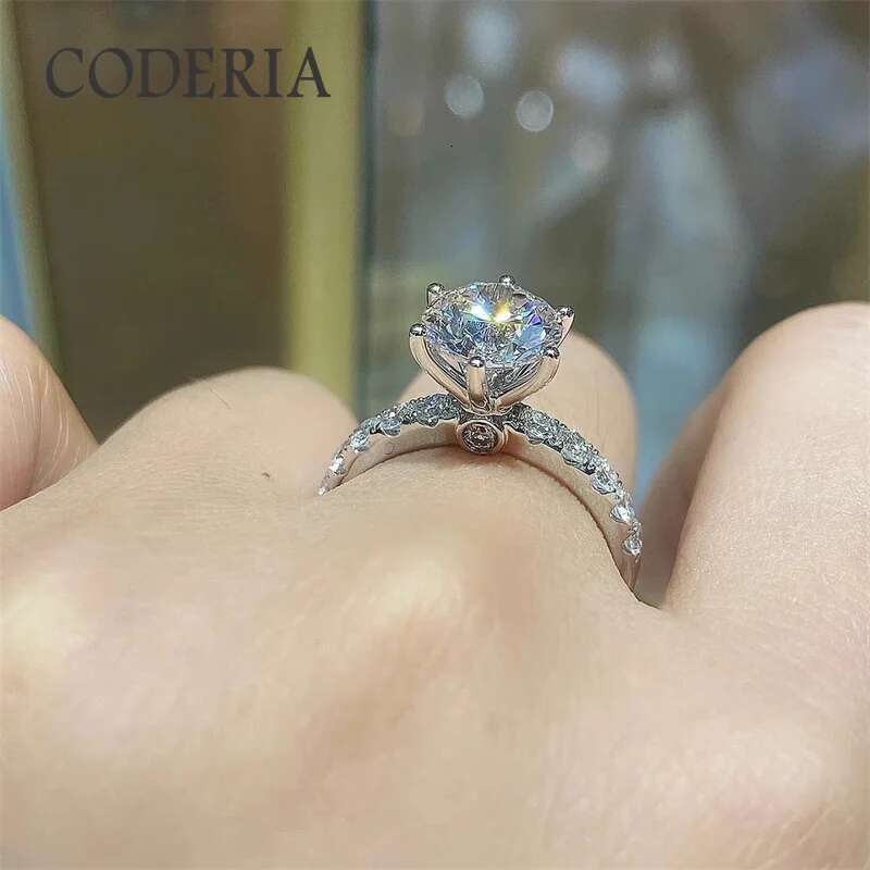 Luxury 3 Carat Moissanite Six Prong Wedding Ring Pass Diamond Test Plated 18K White Gold Women Band 925 Sterling Silver Rings