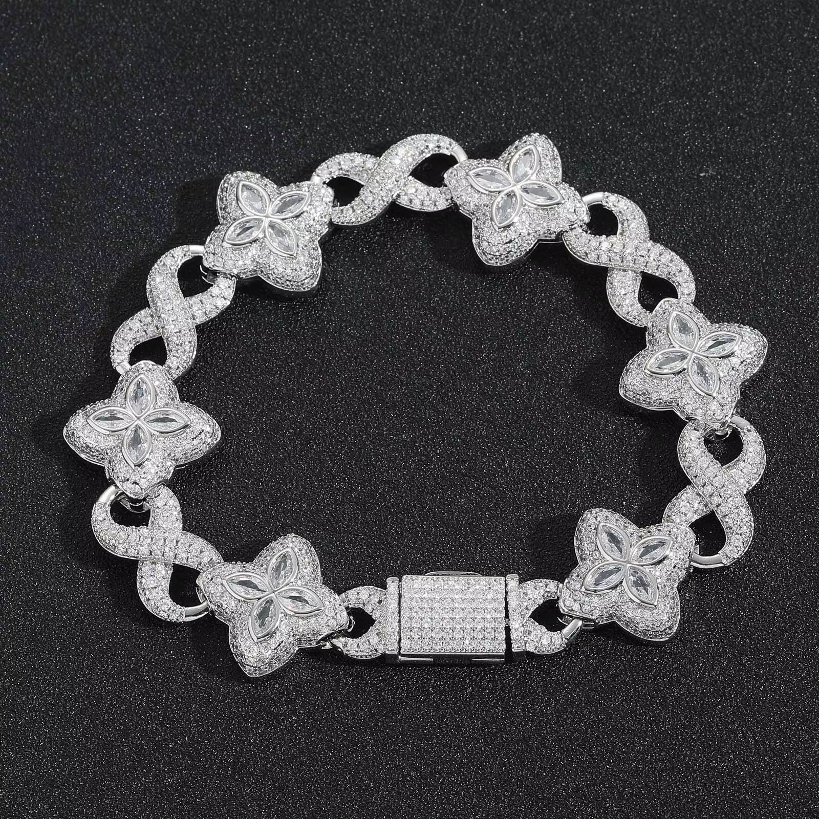 BES Hip Hop Gold Plated Necklace Iced Out Four Leaf Clover Bracelet 5A CZ Diamond Tennis Chain for Women/Girls