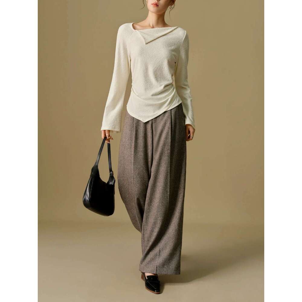 DUSHU 2.4% Wool Jacquard Knitted Lace Asymmetric Collar Sweater For Women 2024 Winter New Design Pullover Top 24Dh84043
