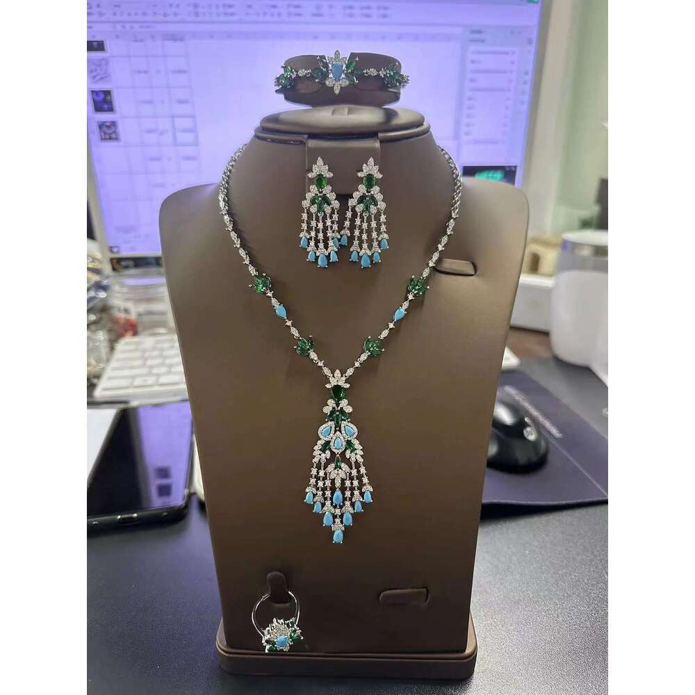 2025 New Exquisite Turquoise Dubai Jewelry Sets For Bridal Wedding Party 4 Pieces Set Accessories