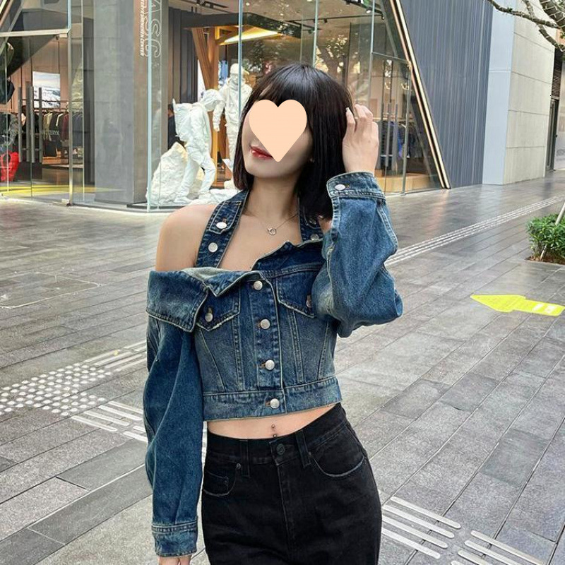 Halter Slash Neck Off Shoulder Denim Jackets Autumn Grunge All Match Ins Y2k Chaqueta Streetwear Trendy Women Jeans Cropped Coat 240807