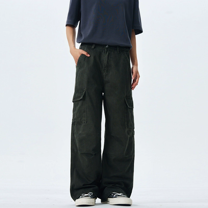 fashion pants vintage washed high street make old overalls mens wideleg loose straight casual trousers multiple pockets bottoms beige xxxl mens clothi
