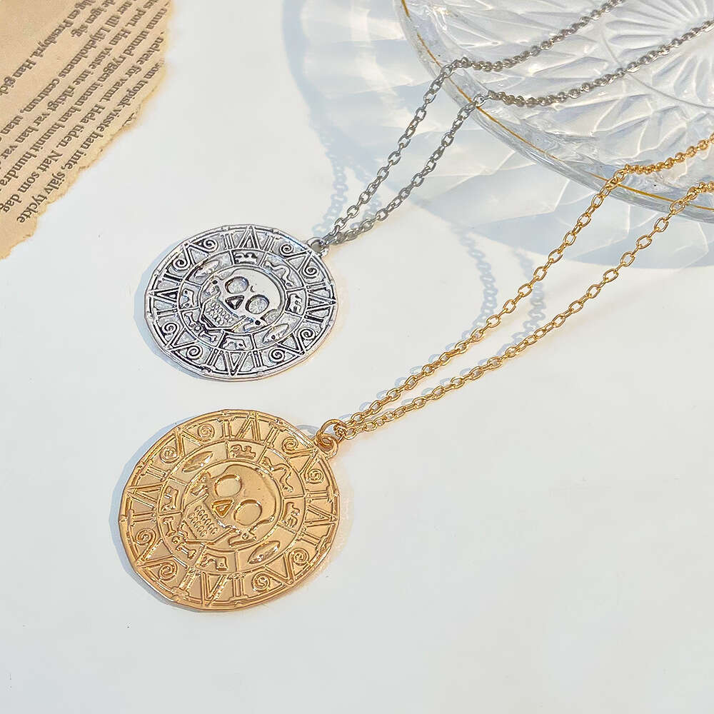 COS Jewelry Caribbean Pirate Gold Coin Chain Men's Skull Necklace Pendant