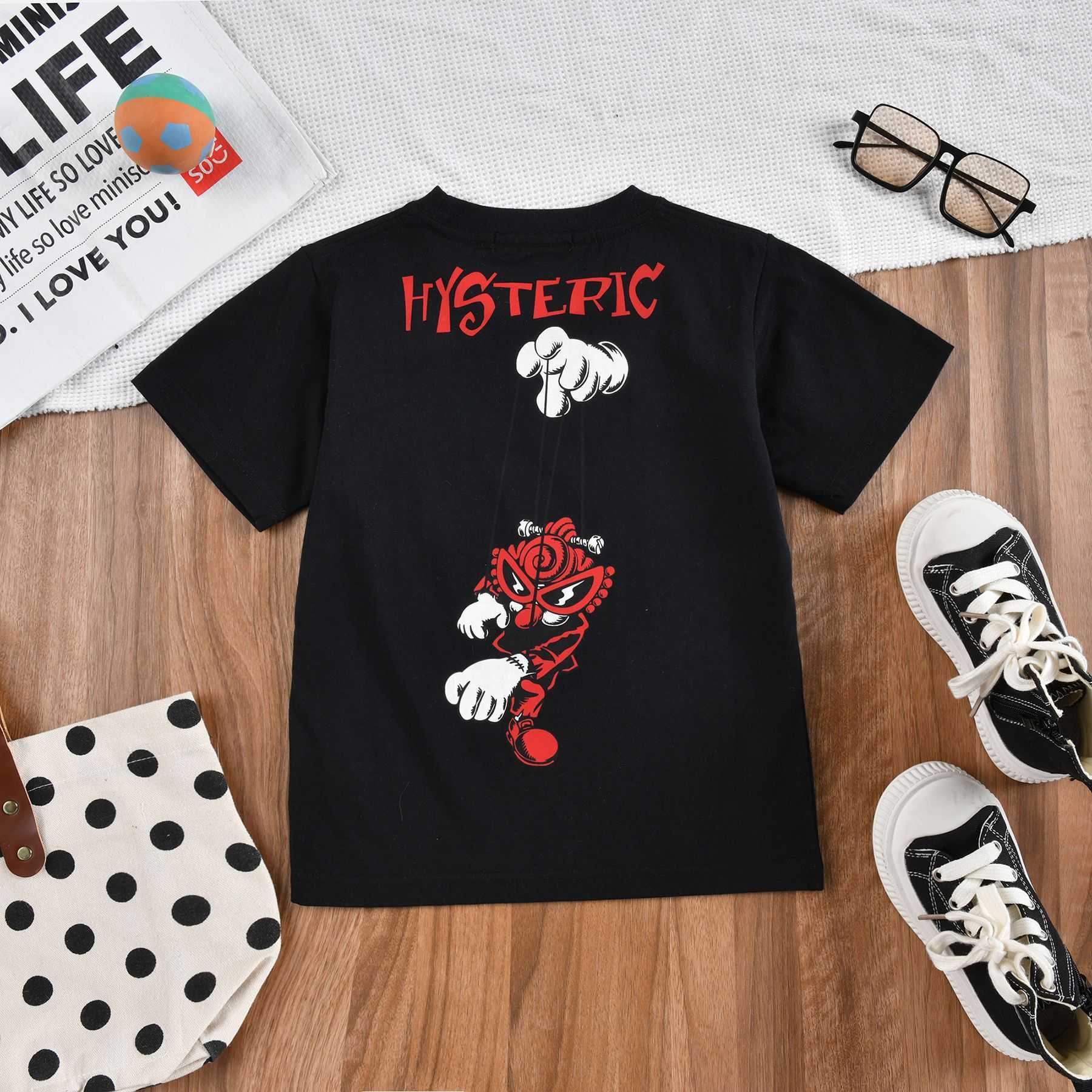 Black Super Vintage Boys and Girls Cartoon Trendy Tshirt with Pull Out Printing and Washing Japanese Style Childrens Clothing High Quality Top for Chi