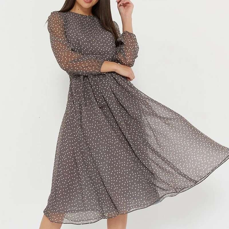 Spring and Summer Chiffon Long Sleeved Solid Color Polka Dot Dress Elegant Lantern Sleeve Round Neck High Waisted Dresses