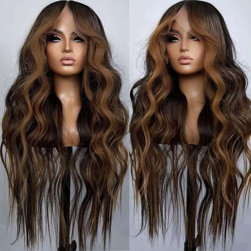 Seykiki Synthetic Front Wigs for Women Highlight Brown Mix Black Natural Wavy Glueless Ready to Wear 13x4x1 HD Lace Pre Plucked Middle Part Wig 26 Inc