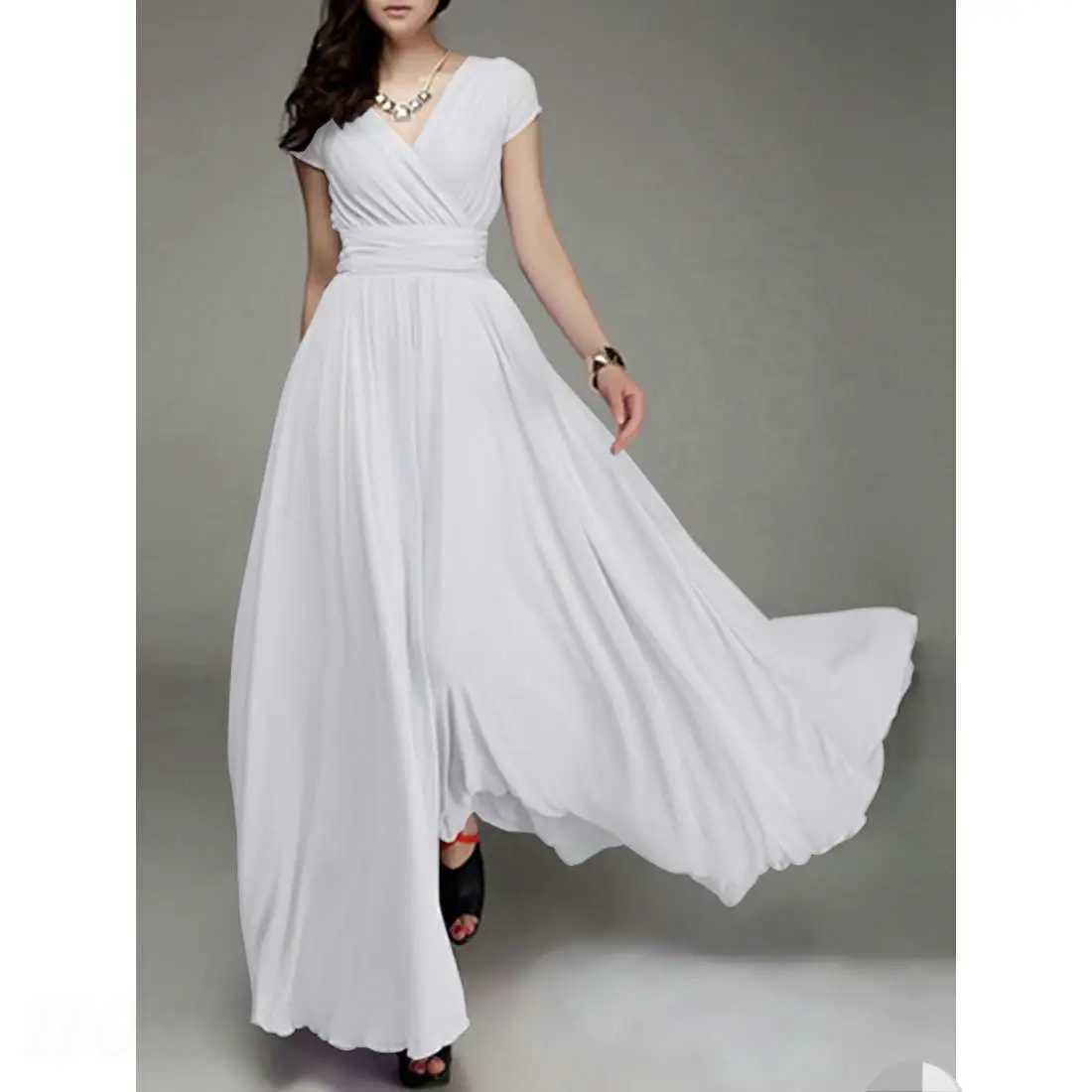 Womens Fashion V-neck Short sleeved Evening Dress Temperature Solid Color Long Cocktail Chiffon High Waist Summer Dress W250430
