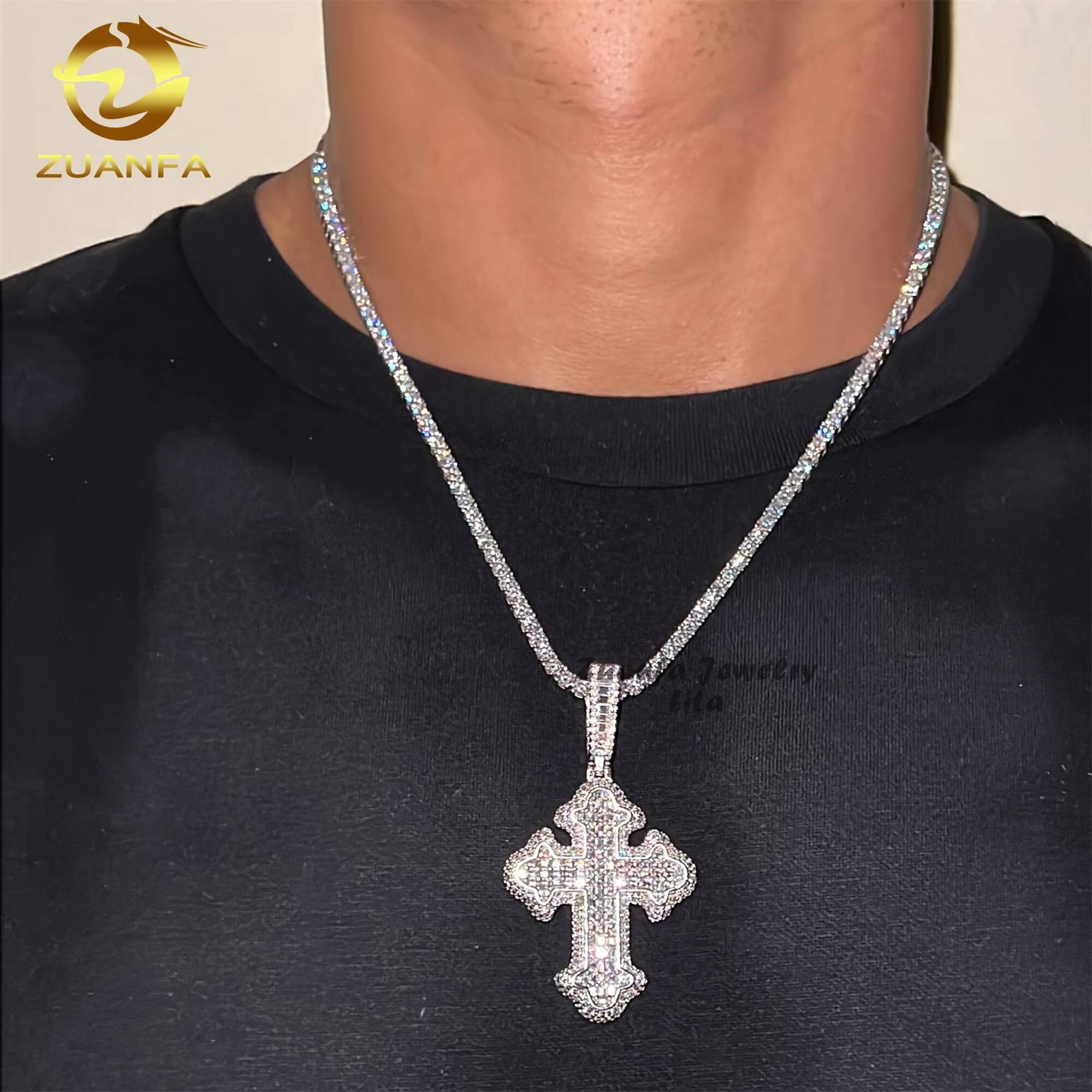 High Quality Bling Charm 925 Sterling Silver Baguette VVS Moissanite Diamond Cross Pendant for Necklace