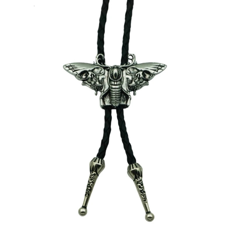 Mens Gothic Bolo Tie Cowboy Necktie Braided Leather Rope Necklace with Metal Skull Moths Pendant Jewelry Shirt Chain Ties 250430