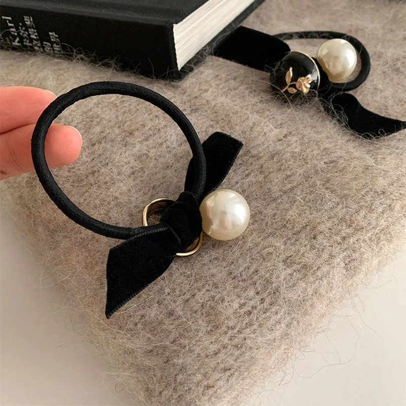 Women Black Golden Camellia Scrunchies Elastic Hair Bands France Elegant Pearl Print Hair Ties Rubber Bands Headbands Turbans 251129 - view 5