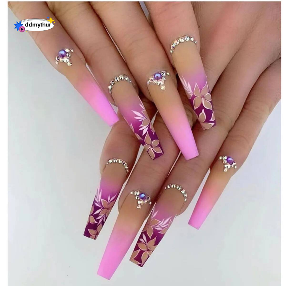 24pcs Love Rhinestones False Pink Full Cover Long Square Press on Nails Fake Nail Finished Ballet Wearable Manicure Sets ddmythur