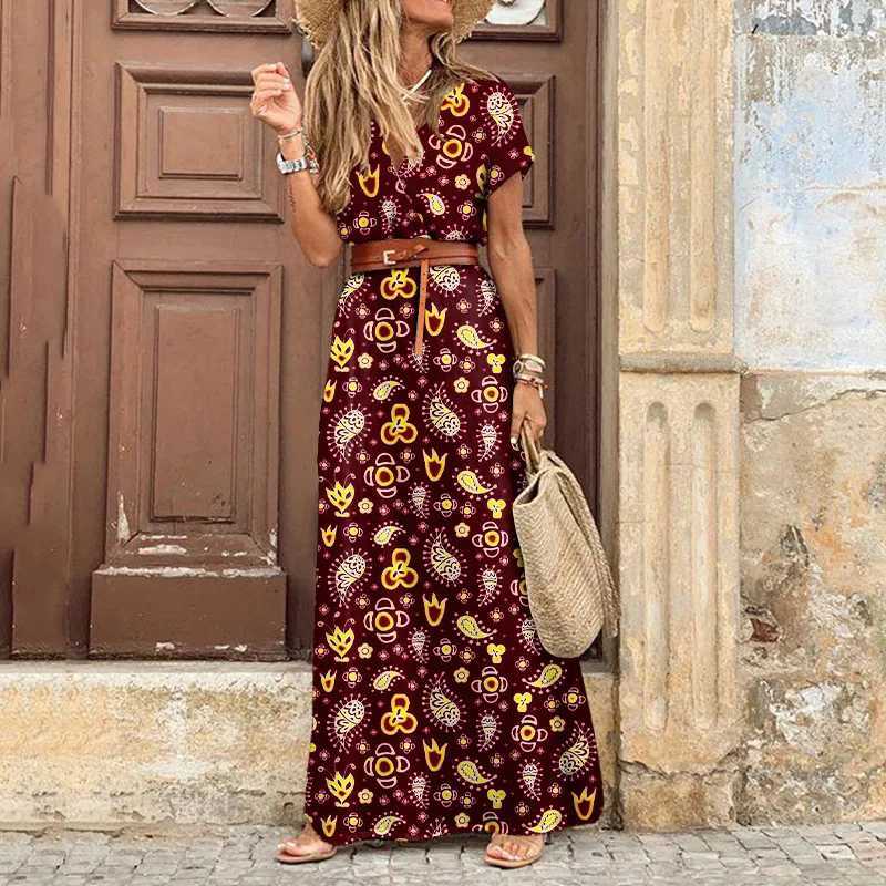 Womens sexy casual elegant holiday dress summer trend V-neck high seam irregular Midi dress retro print slim fit belt W250430