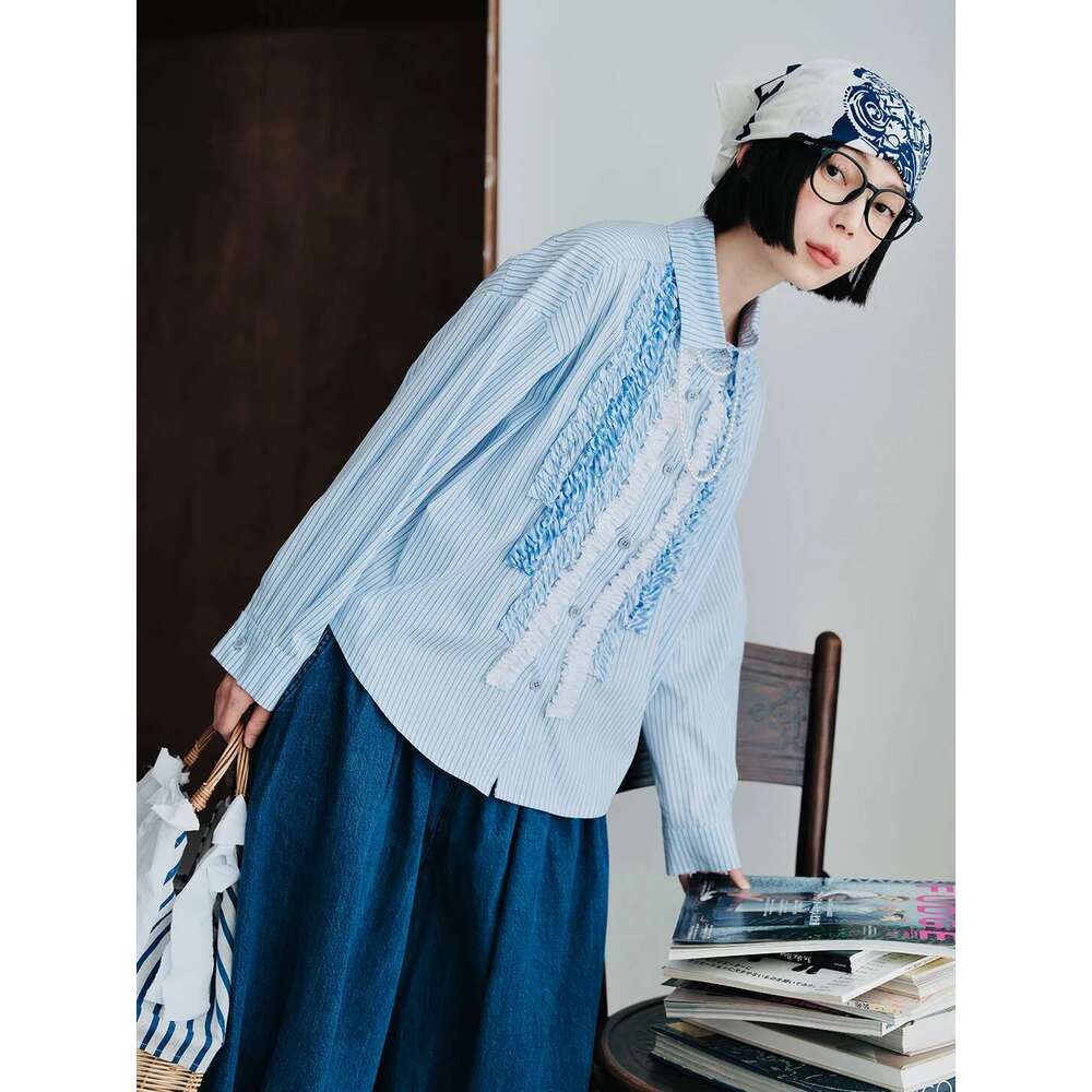 IMAKOKONI Original Design Lapel Long Sleeved Lace Patchwork Blue Striped Shirt For Women 244738