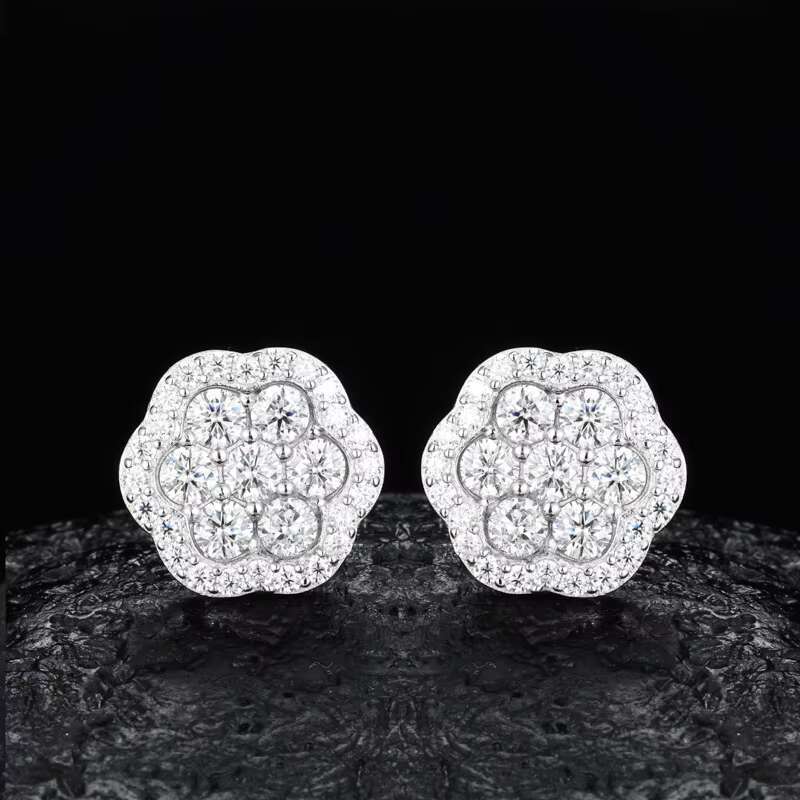 Hip Hop-Inspired 925 Silver Screw Back Ear Studs Iced VVS Moissanite Flower Cluster Gold-Plated Certified Fashion Stud Earrings