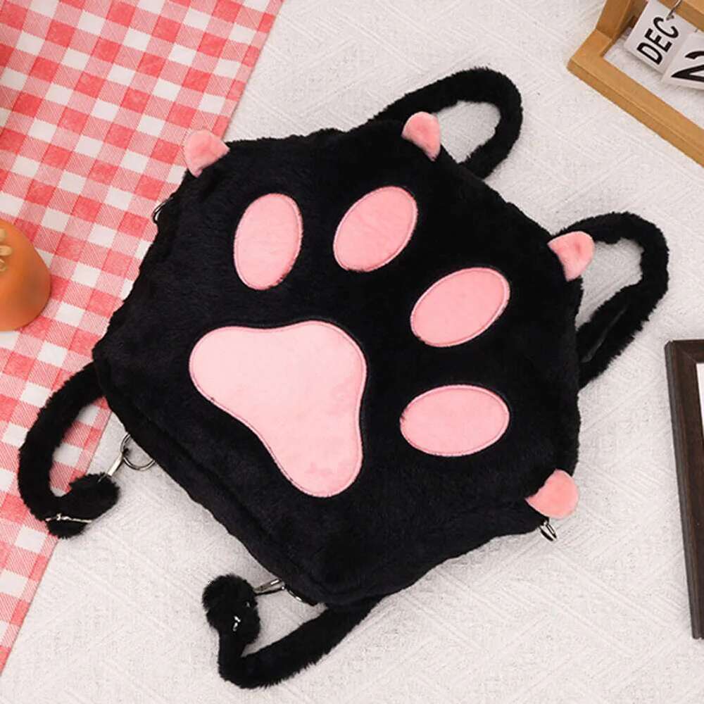 Cute Cat Paw Plush With Adjustable Straps Soft Furry Purse JK Bag Cartoon Backpack For Women Girls