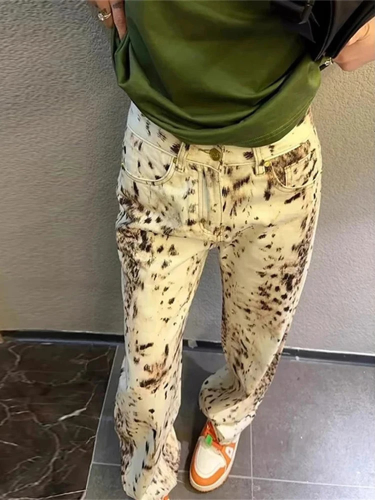 Leopard Print Straight Wide Leg Jeans Womens High Waist Retro Jeans Street Clothing Y2k Retro Pants Street Denim Trousers 250422