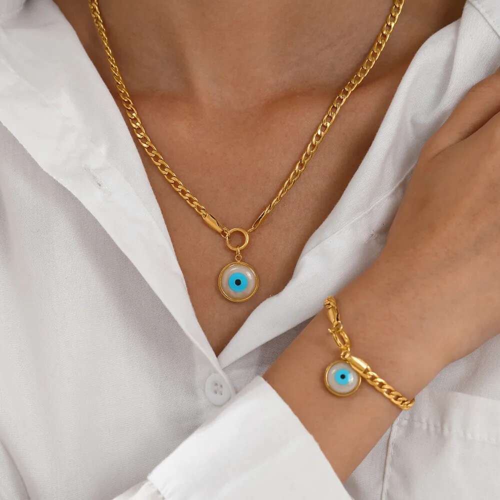 2024Fashion Trendy Blue Eye Pendant Necklace Bracelet Set Simple Stainless Steel Gold Color Jewelry For Women Gift Free Shipping