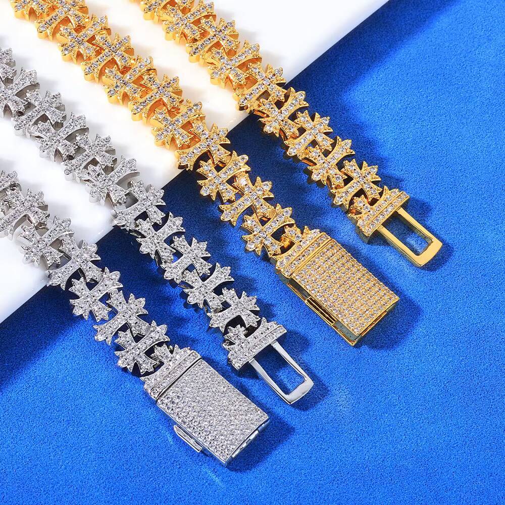Eskeem Luxury 925 Silver Cross Chain Necklace 85/11mm VVS Moissanite Cuban Link Design Hip Hop Diamond Jewelry