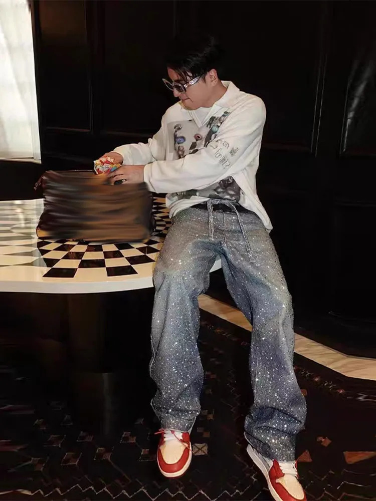 mens womens high waisted shiny rhinestone denim jeans fashionable wide legs pocket pants unisex 250423