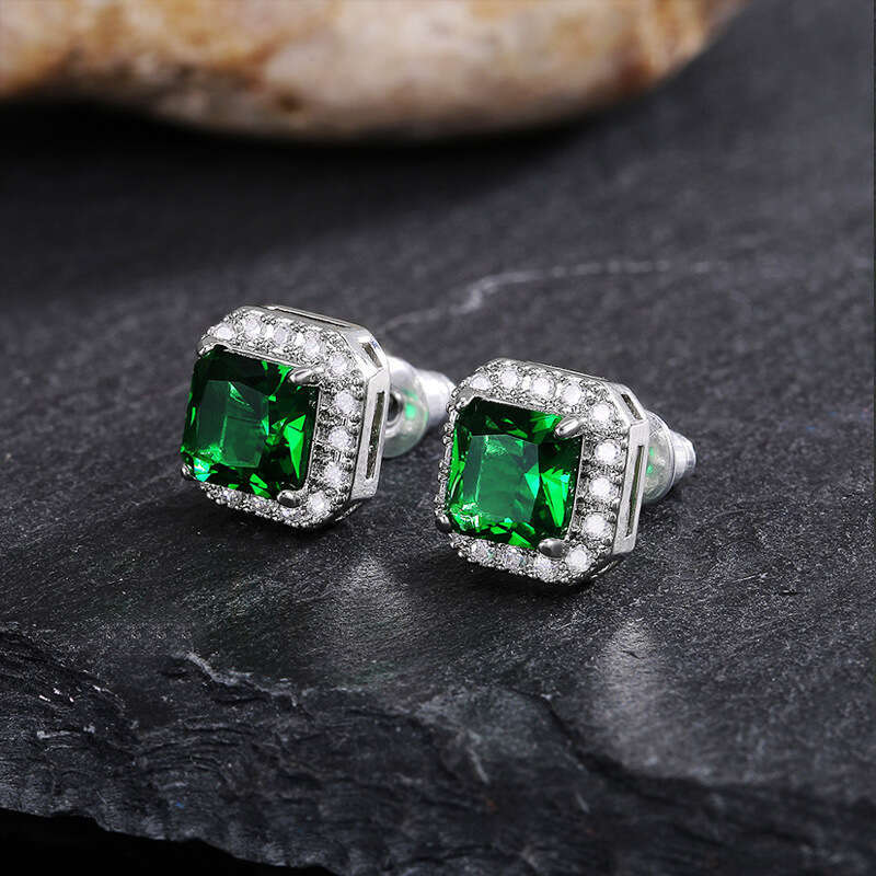 Cao Shi's Exquisite Square Women's With Full Dia And Green Zircon Earstuds Jewelry