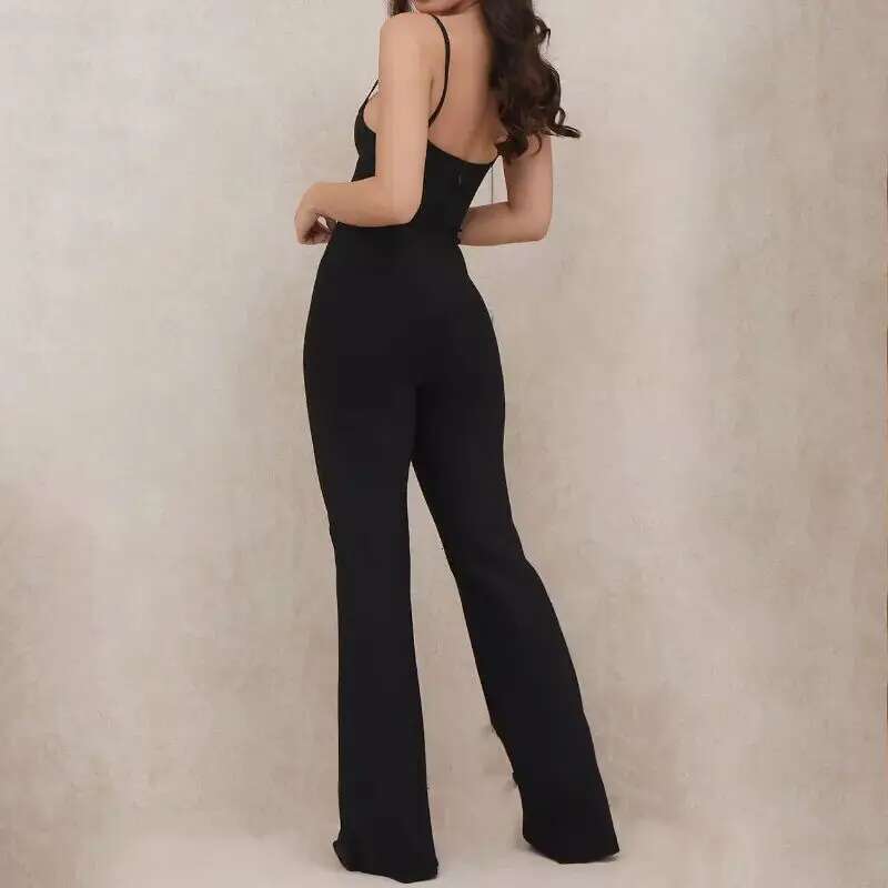 Summer Women's New V-Neck Halter Sleeveless Backless Stretch Tight Party Nightclub High Street Flare Black Bandage Jumpsuits