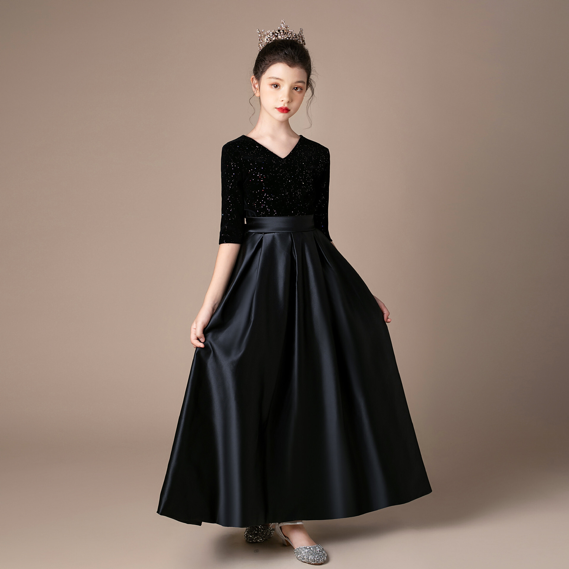 Velvet long sleeved performance costume for black girls, piano, violin, host, orchestra, chorus, girls' formal dress