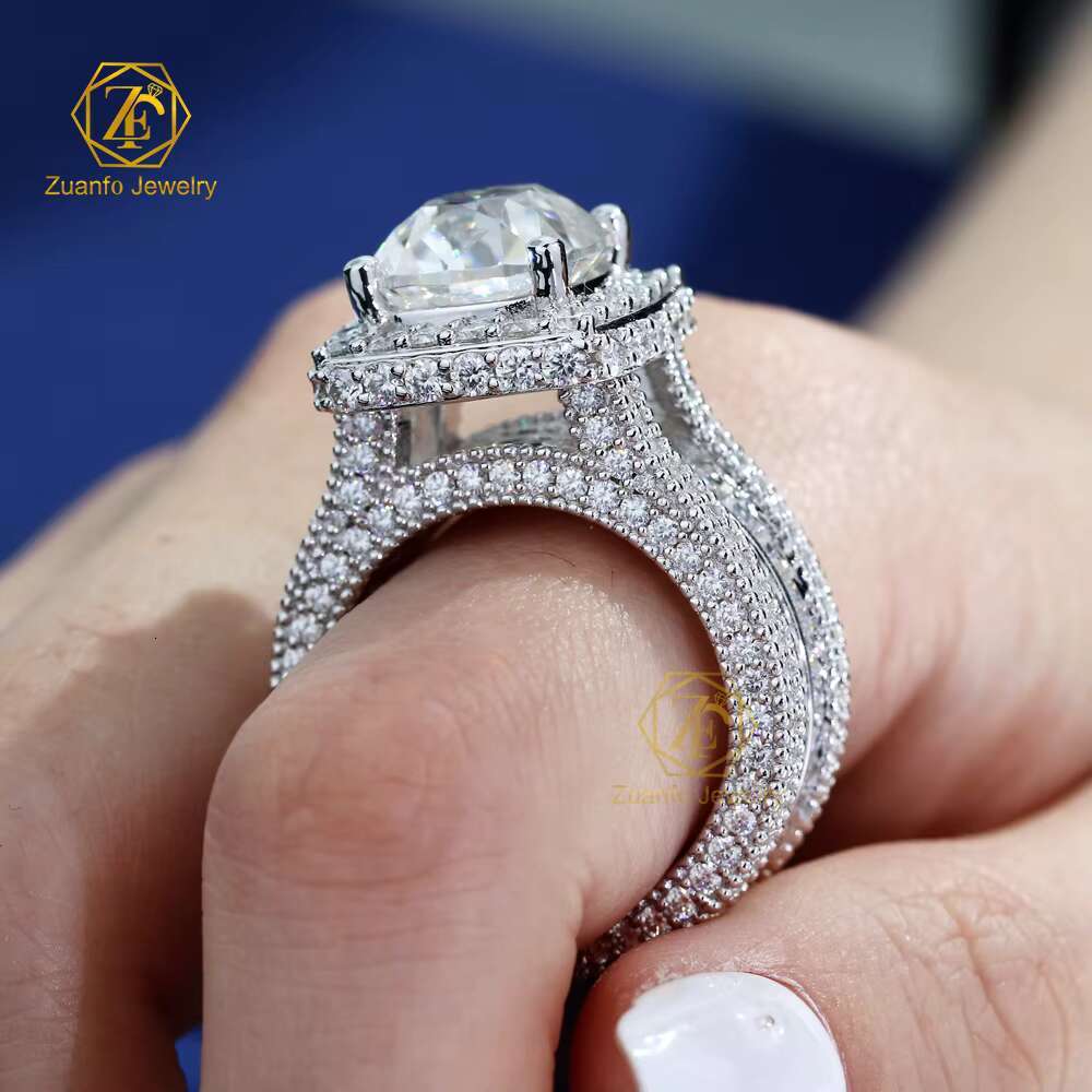 High-end 925 Silver Moissanite Ring Jewelry Big Size Square Cushion Shape Moissanite Halo Ice Out Diamond Ring
