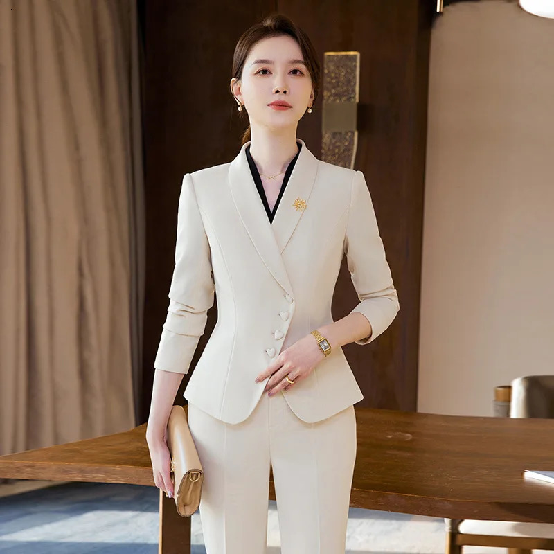 Almond Blue Womens Formal Pants Set Jacket and Trouser Work Clothes Autumn Winter 2piece 250530
