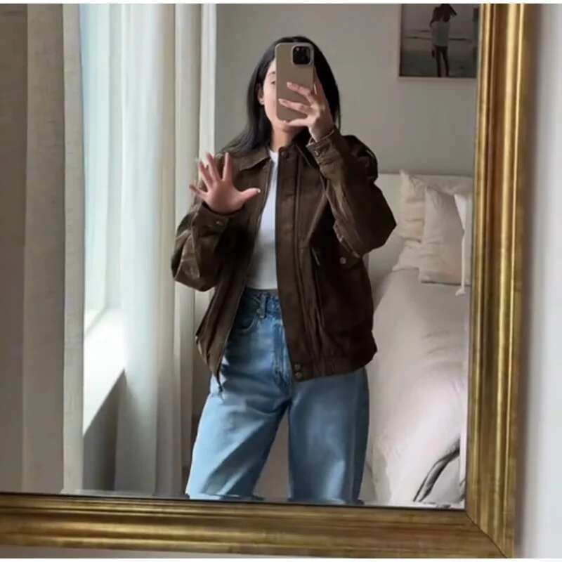 Spring High Street Women's Coat Brown Big Pocket Long Sleeve Zipper Female Coats 2025 Fashion Turndown Collar Loose Lady Outwear