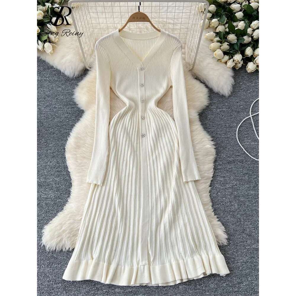 SINGREINY Autumn Knitting Sweater Ladies V-Neck Single Breasted Full Sleeve Soft Slim Senior Knitted Casual Long Dress