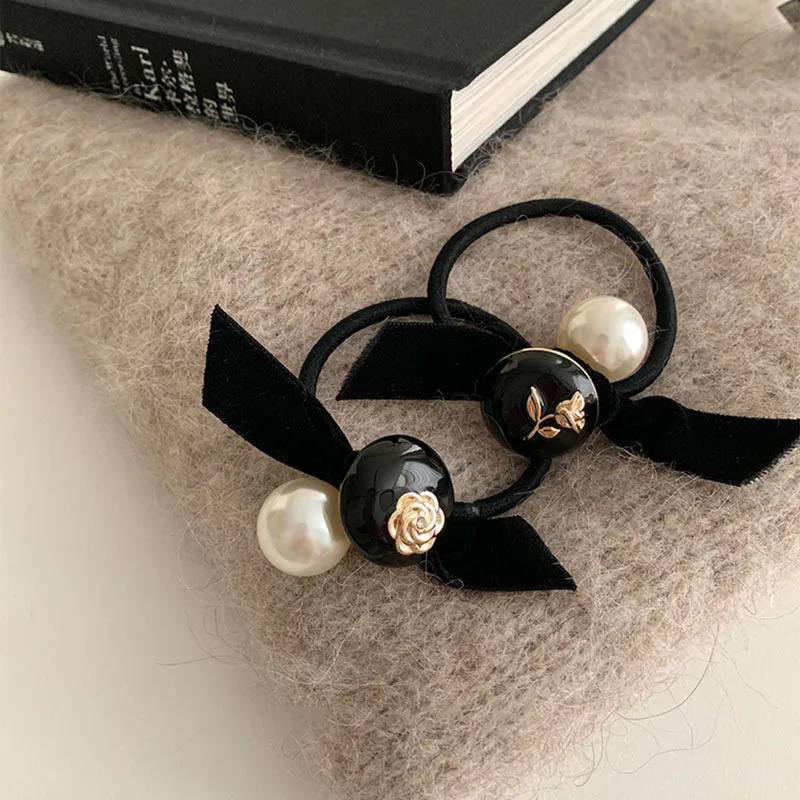 Women Black Golden Camellia Scrunchies Elastic Hair Bands France Elegant Pearl Print Hair Ties Rubber Bands Headbands Turbans 251129