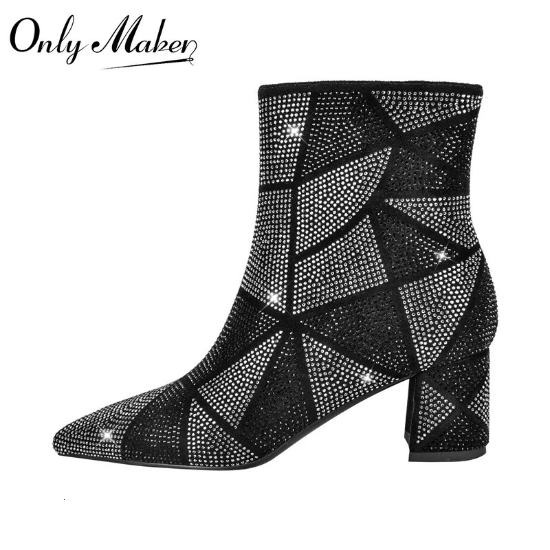 Onlymaker Women Rhinestone Ankle Boots Pointed Toe Black Block Heel Pull-On Glitter Handmade Female Boots 250428