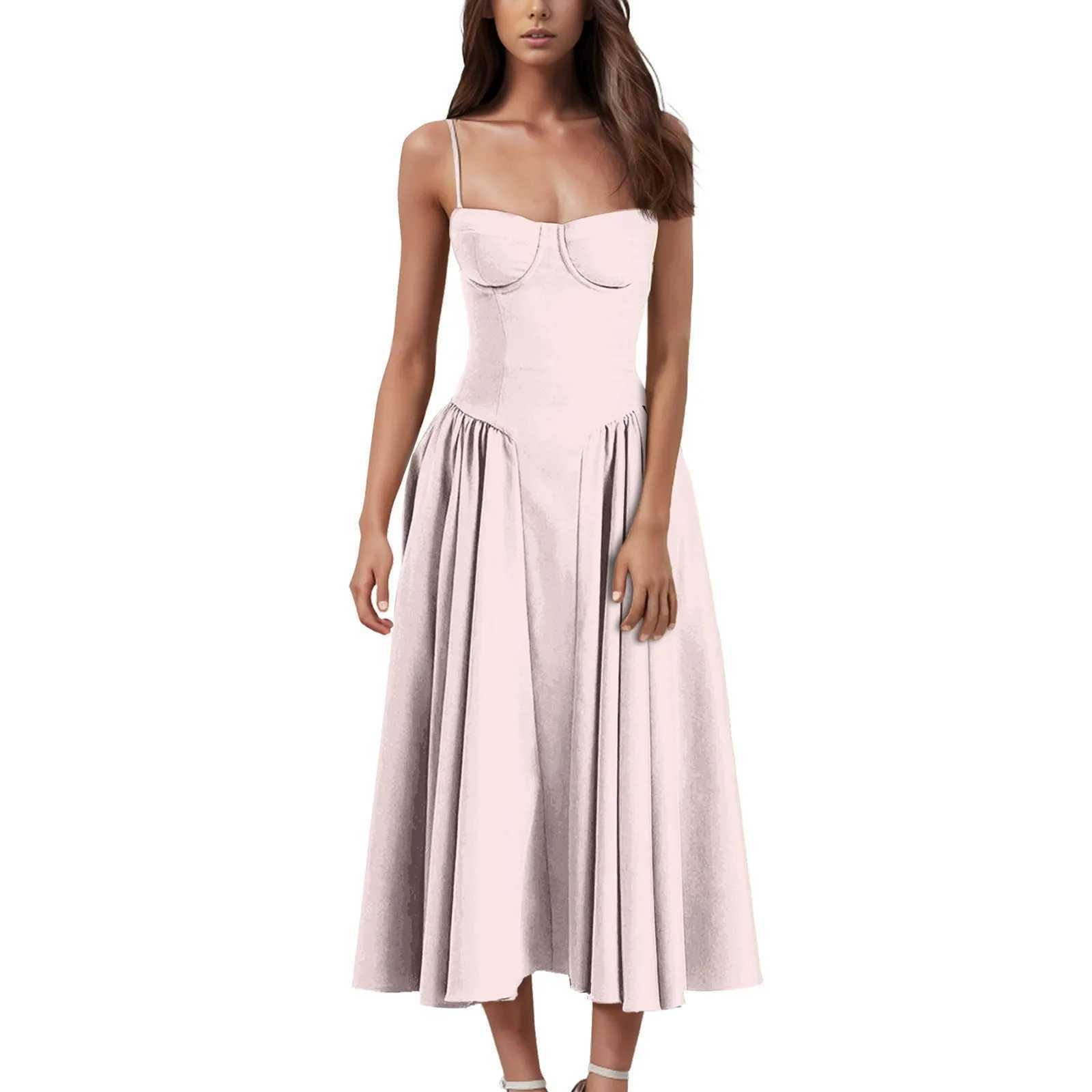 Elegant Italian spaghetti shoulder strap sleeveless A-line Midi womens summer new item backless pleated slip skirt womens fashionable loose dress W250