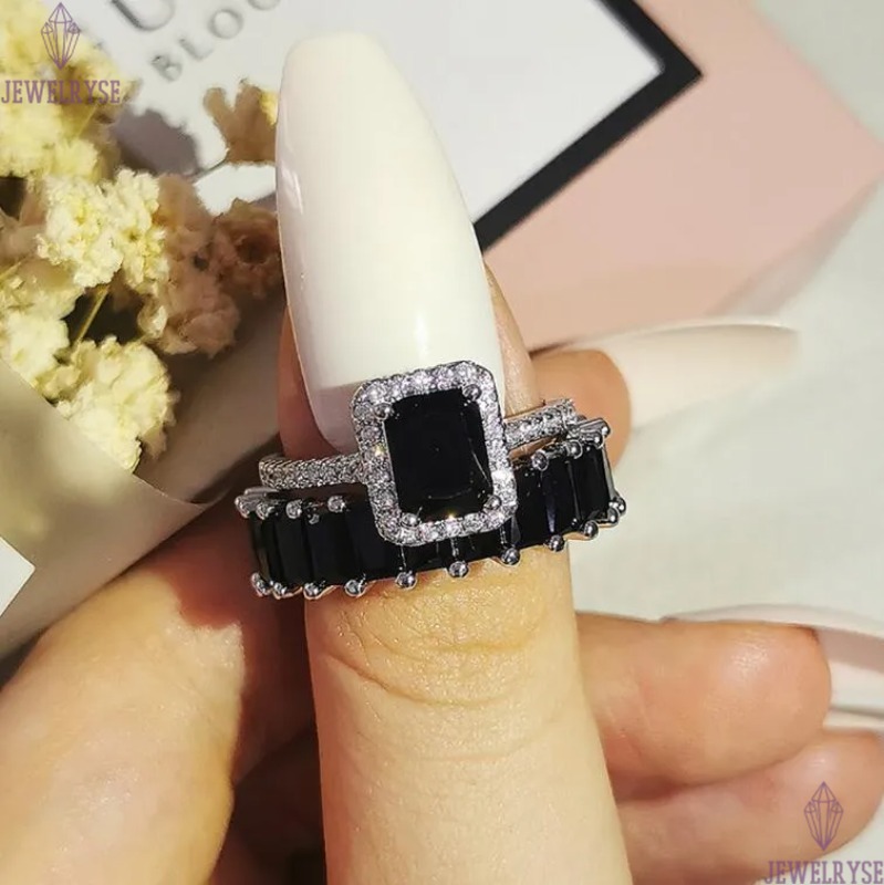 Brand Wedding Rings Luxury Jewelry 925 Sterling Silver Fill Radiant Shape Black 5A Cubic Zircon Party CZ Diamond Women Engagement Bridal Ring Set Gift