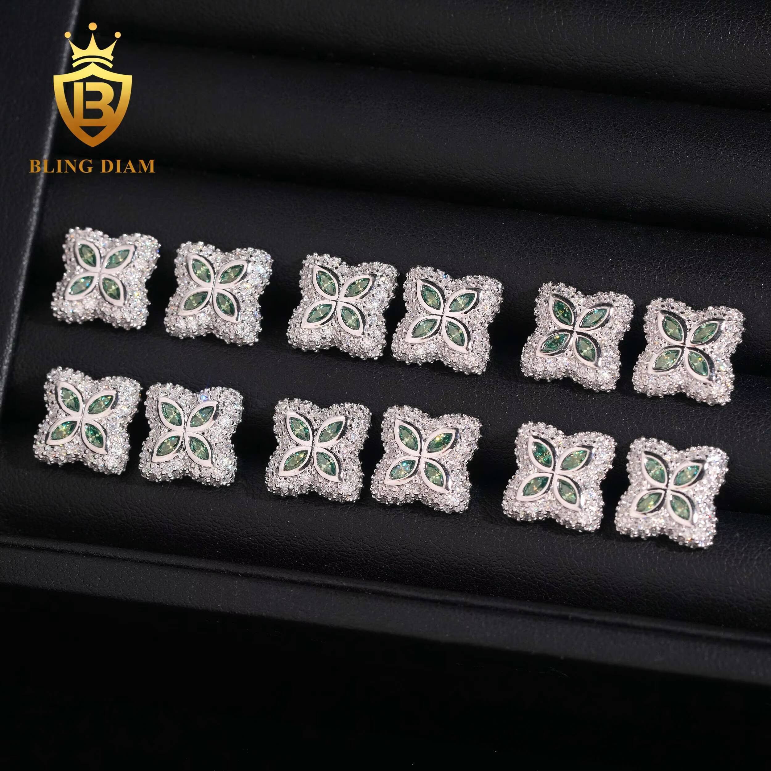 Hot Sale Fashion HipHop Olive Green Moissanite Four-Leaf Clover-Shaped Earring 15mm Diamond Earrings 925 Sterling Silver Earring
