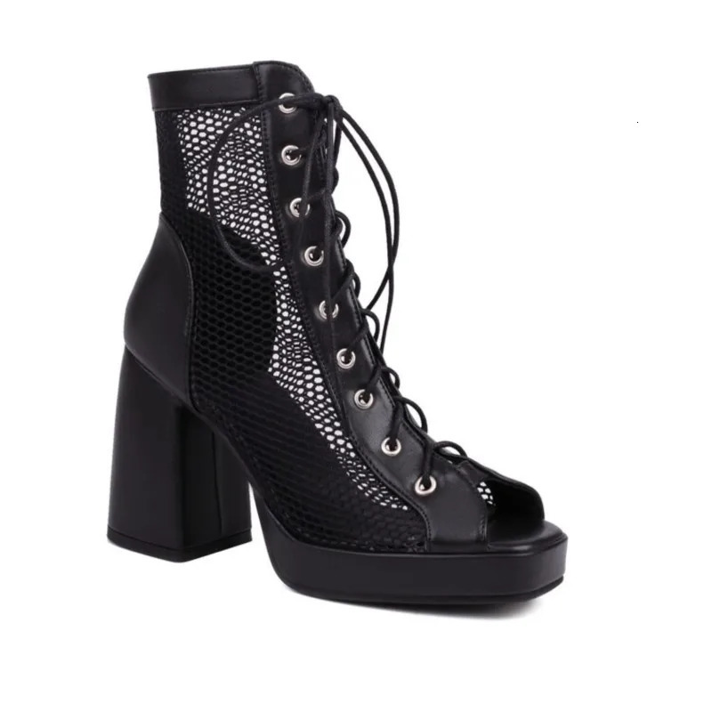 Spring and Autumn Sexy Open Toe Transparent High Heel Dance Shoes Ankle Boots Womens Mesh Hollow Lace Sandals 250428
