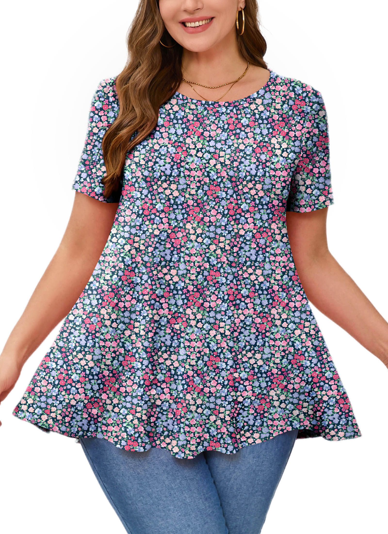 Tunic Tops for Women Plus Size Short Sleeve Crew Neck Swing Flare Loose T-Shirt Blouses to Wear with Leggings Small Floral Tops
