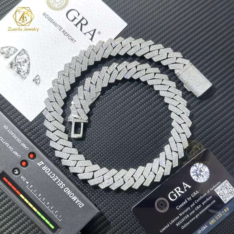 Hip Hop Jewelry 12/15/18/20mm Diamond Cuban Link Necklace for Men Silver Plated Miami Cuban Iced Out 3 Rows Cuban Link Chain
