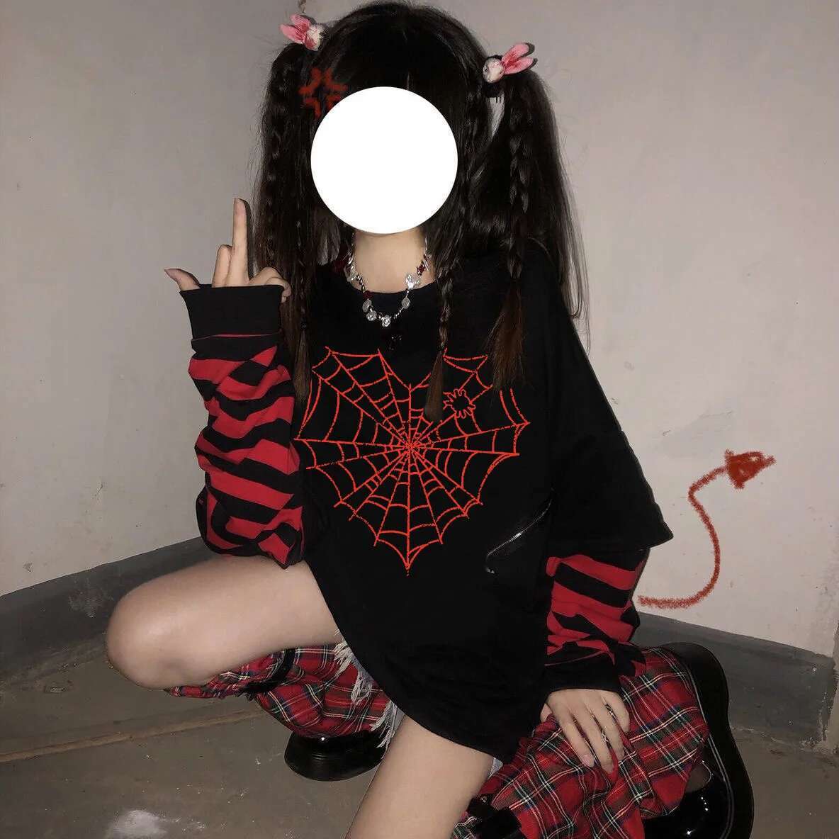 GOTH GIRL Sweet Women Goth Haruku Black Long Sleeve Fake Two-piece Spider web Japanese Punk Streetwear Alt E-Girl sweatshirt fashion clothing women