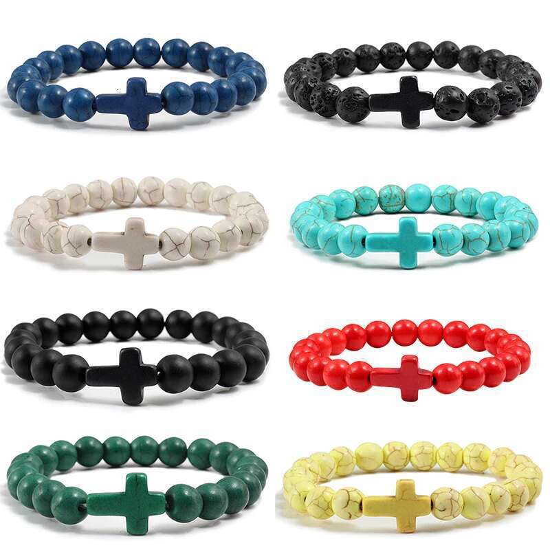 Hot Jesus Cross Bracelets For Women Men Multicolor Natural Turquoise Matte Black Lava Prayer Beads Bangles Handmade Jewelry Gift