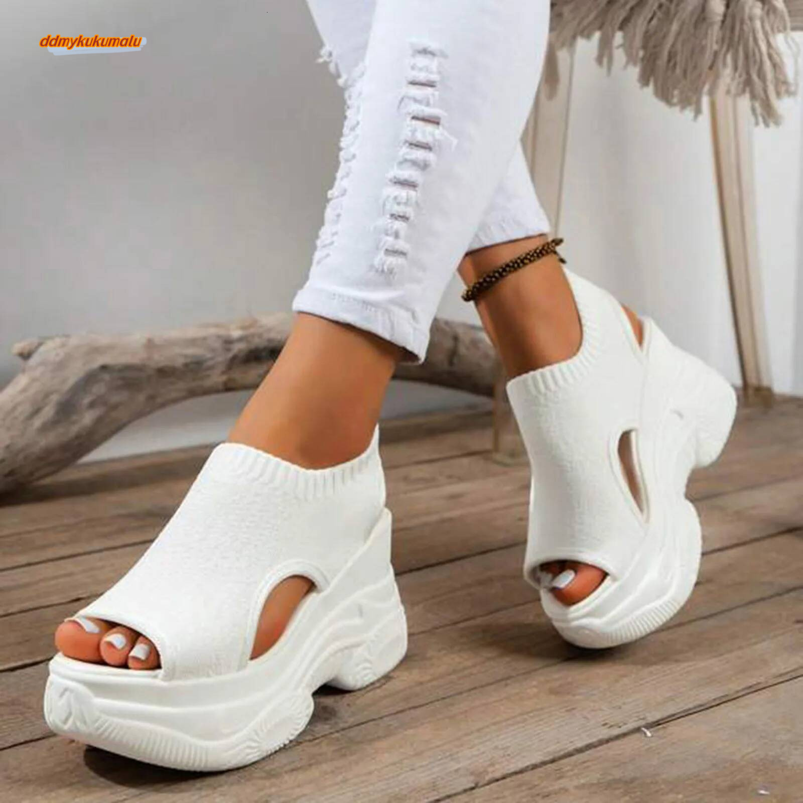 Thick Soled For Women Summer Breathable Peep Toe Sloping Heel Sandals Plus Size Sports Walking Mesh Flat Shoes ddmykukumalu