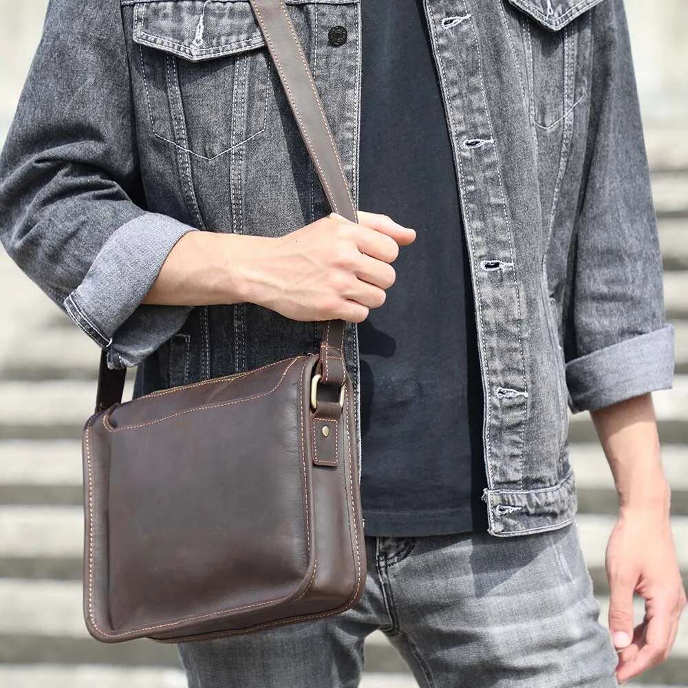 S.WORKER Vintage Genuine Leather Men's 11" Messenger Crossbody Bags Crazy Horse Cowhide Shoulder Bag Top Layer Fashion