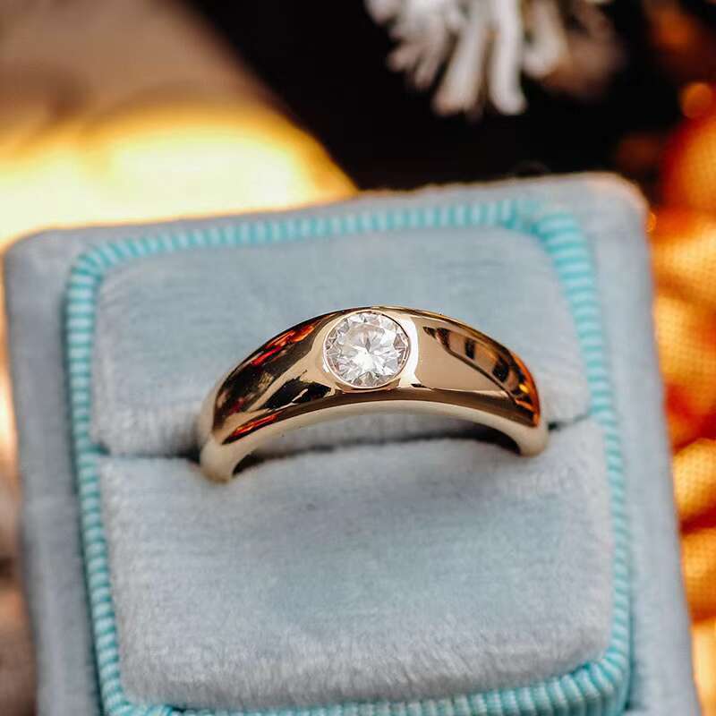 Personalized Round Cut Lab 0.5 Ct Bezel Setting Dia Engagement Wedding 14k Yellow Gold Ring for Punk Men