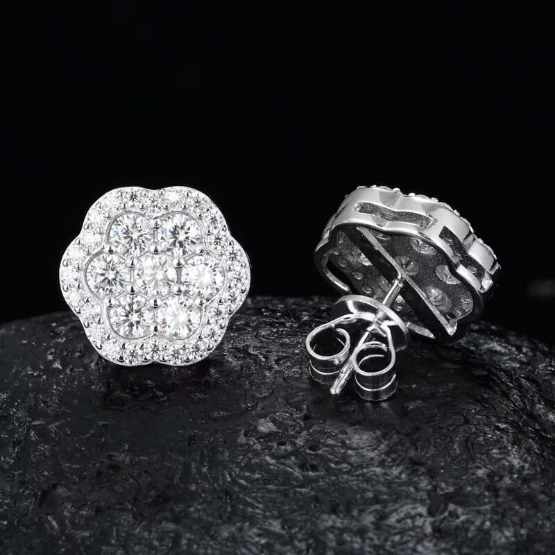 Hip Hop-Inspired 925 Silver Screw Back Ear Studs Iced VVS Moissanite Flower Cluster Gold-Plated Certified Fashion Stud Earrings