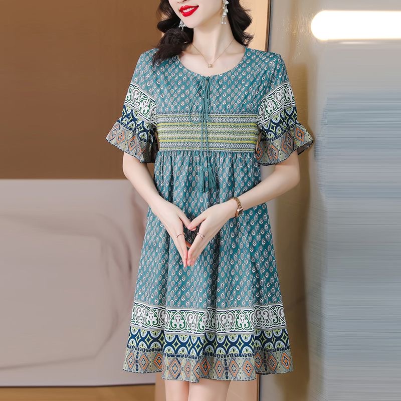 Korean version of large size women's loose commuting printed dress 200 pounds summer elegant A-line skirt D02321