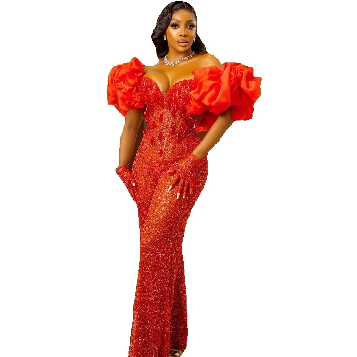 Luxurious Beaded Prom Dresses Off The Shoulder Sequined Evening Dress Ruffles Sleeve Jumpsuits Celebrity Party Gown Custom Made