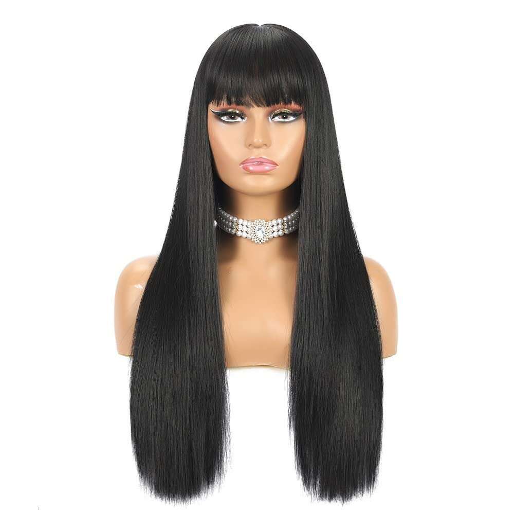 Long Straight with Bangs Natural Black for Women Fashion Silky Soft Smooth Remy Hair Heat Resistant Fiber Synthetic Wigs hine Made Glueless Full 24 In