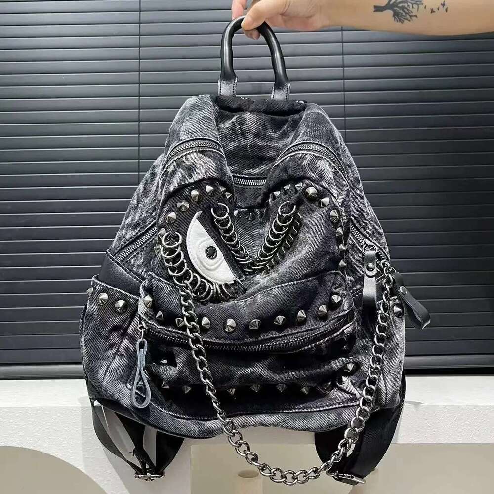 Women's Fashion Steampunk Denim Backpack Large Capacity Rivet Chain Shoulder Handbag